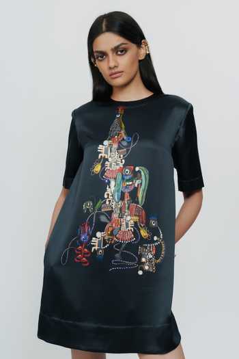 Buy_AK-OK_Black Silk Round Neck Abstract Print Short Dress 