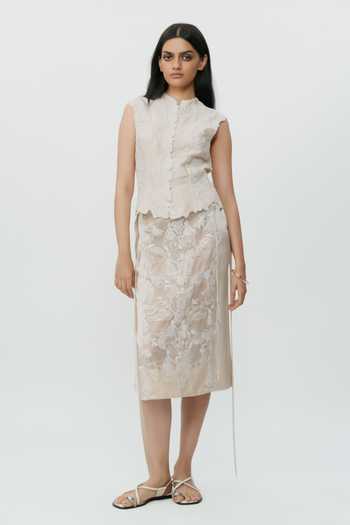 Shop_AK-OK_Ivory Silk Mandarin Collar Lace Chikankari Waistcoat _Online_at_Aza_Fashions