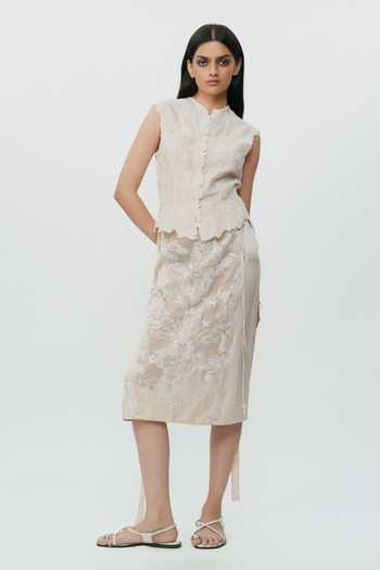 AK-OK_Ivory Silk Mandarin Collar Lace Chikankari Waistcoat _at_Aza_Fashions