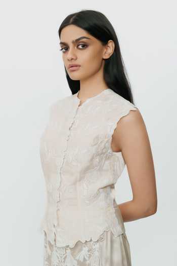 Shop_AK-OK_Ivory Silk Mandarin Collar Lace Chikankari Waistcoat 