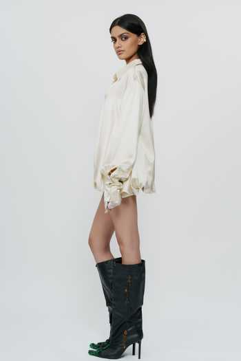 AK-OK_Off White Silk Collared Neck Balloon Shirt _at_Aza_Fashions