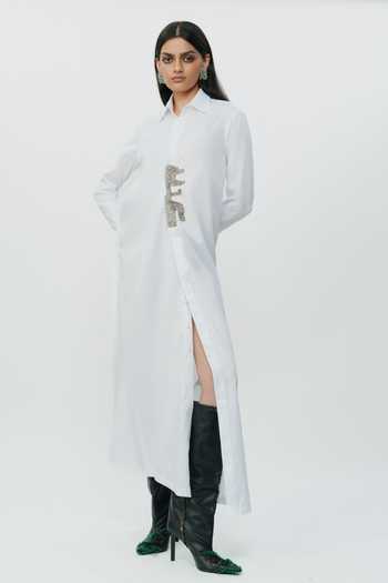 AK-OK_White Cotton Collared Neck Placed Hand Embroidered Shirt Dress _Online_at_Aza_Fashions