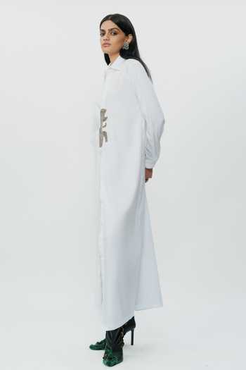 Shop_AK-OK_White Cotton Collared Neck Placed Hand Embroidered Shirt Dress _Online_at_Aza_Fashions