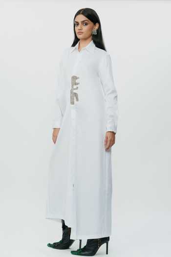 AK-OK_White Cotton Collared Neck Placed Hand Embroidered Shirt Dress _at_Aza_Fashions