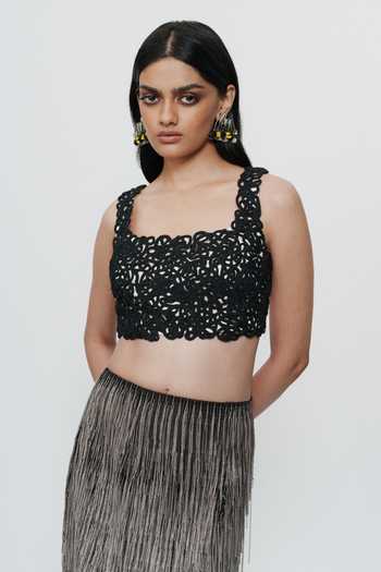 Shop_AK-OK_Silver Cotton Chain Embroidered Straight Skirt _Online_at_Aza_Fashions