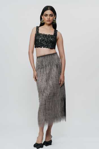 Buy_AK-OK_Silver Cotton Chain Embroidered Straight Skirt _at_Aza_Fashions