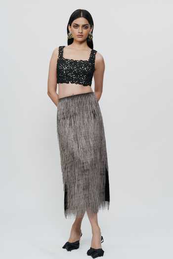 AK-OK_Silver Cotton Chain Embroidered Straight Skirt _at_Aza_Fashions
