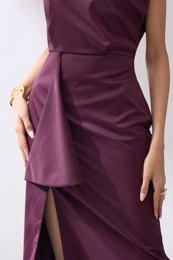 Shop_Naintara Bajaj_Wine Lycra One Shoulder Draped Slit Midi Dress _at_Aza_Fashions