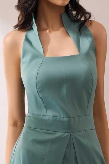 Shop_Naintara Bajaj_Green High-collar Slit Jumpsuit _at_Aza_Fashions