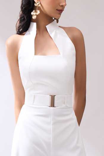 Shop_Naintara Bajaj_Ivory High Collar Jumpsuit And Buckle Belt Set _at_Aza_Fashions