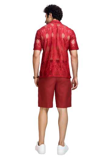 Shop_Nirmooha_Maroon Chiffon Embroidery Chantilly Lace Work Shirt _at_Aza_Fashions