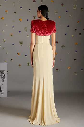 Shop_Gauri Dhawan_Beige Crepe, Velvet One Shoulder, Round Neck Gown And Short Jacket Set _at_Aza_Fashions
