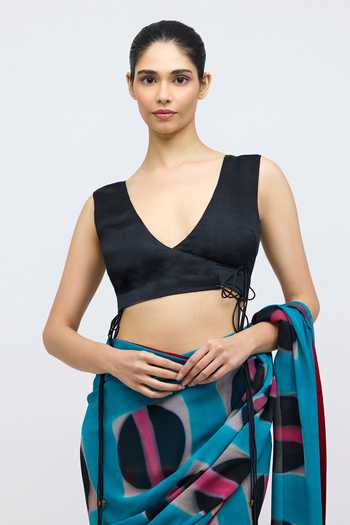 Buy_QUARTER_Black Silk, Satin V-neck Angrakha Blouse _at_Aza_Fashions
