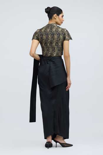 Shop_QUARTER_Black Silk Satin Nivi Pre-draped Saree _at_Aza_Fashions
