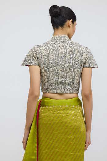 Shop_QUARTER_Multi Color Tussar Scoop Neck Himroo Blouse _at_Aza_Fashions