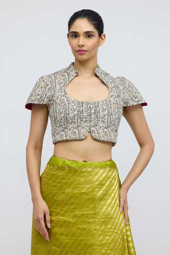 QUARTER_Multi Color Tussar Scoop Neck Himroo Blouse _Online_at_Aza_Fashions