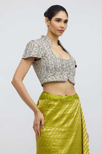Buy_QUARTER_Multi Color Tussar Scoop Neck Himroo Blouse _Online_at_Aza_Fashions