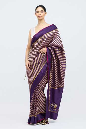 Buy_QUARTER_Gold Silk Teerchi Purple Saree _at_Aza_Fashions