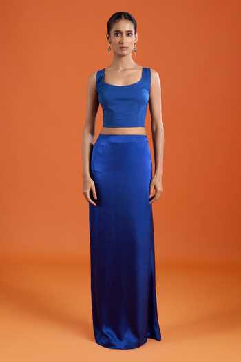 Buy_Anamika Khanna_Blue High , Scoop Floral Embroidered Jacket And Skirt Set 