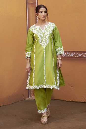 Thetaa_Green Cotton, Chanderi Silk Embroidery, Cut Work Split Dori Hand Kurta Set _Online