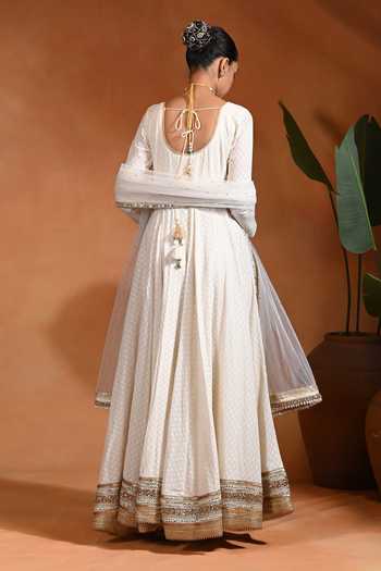 Shop_Rishi And Vibhuti_Ivory Cotton, Jacquard, Net Round Neck Chand Woven Anarkali Pant Set _at_Aza_Fashions