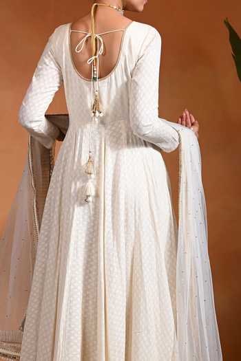 Rishi And Vibhuti_Ivory Cotton, Jacquard, Net Round Neck Chand Woven Anarkali Pant Set _at_Aza_Fashions