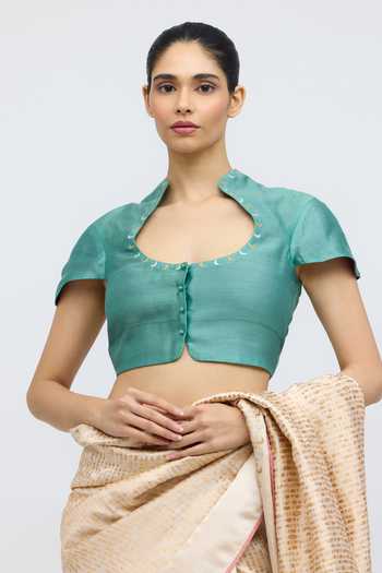 Buy_QUARTER_Turquoise Silk Scoop Neck Chand Blouse _at_Aza_Fashions