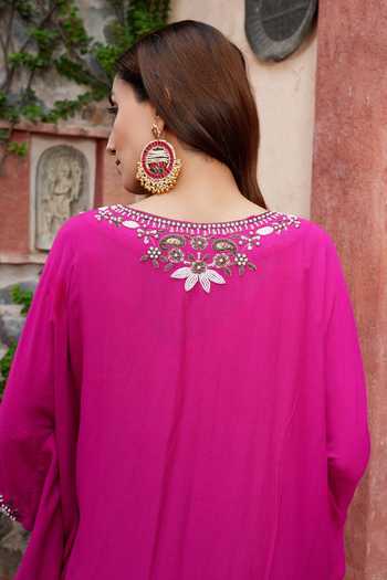 Shop_Nazar By Indu_Pink Cotton, Georgette Pearls, Embroidery V-neck Kaftan _at_Aza_Fashions