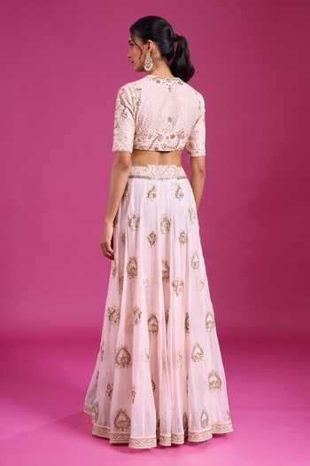 Anamika Khanna_Pink Round Neck Embroidered Lehenga Set _Online_at_Aza_Fashions
