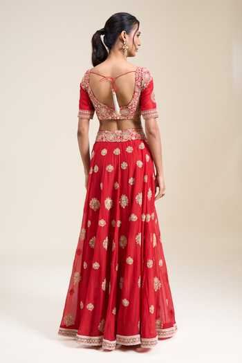 Anamika Khanna_Red Sweetheart Neck Embroidered Lehenga Set _Online_at_Aza_Fashions
