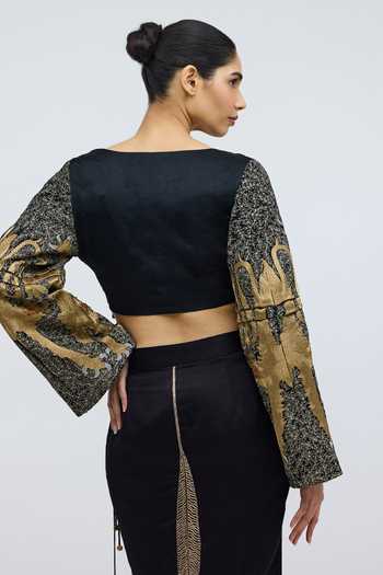 Shop_QUARTER_Black Silk Satin V-neck Holy Apes Handwoven Blouse _at_Aza_Fashions
