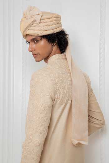 Shop_Darshika Menswear_Beige Silk Embroidery Floral Sherwani Kurta Set _at_Aza_Fashions