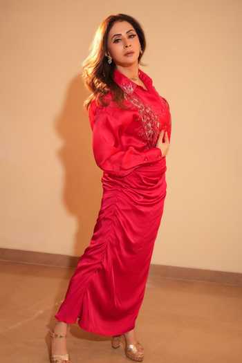 Shop_Babita Malkani_Red Silk Satin, Organza Sequins, Stones, Embroidered Shirt And Cowl Skirt Set 