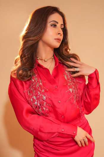 Babita Malkani_Red Silk Satin, Organza Sequins, Stones, Embroidered Shirt And Cowl Skirt Set 