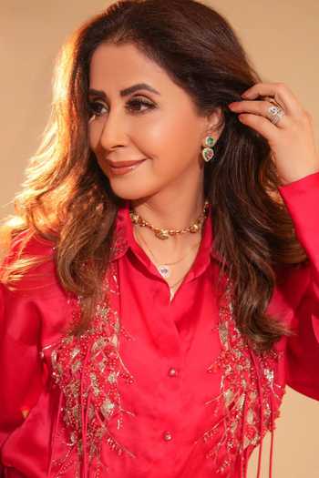 Babita Malkani_Red Silk Satin, Organza Sequins, Stones, Embroidered Shirt And Cowl Skirt Set 