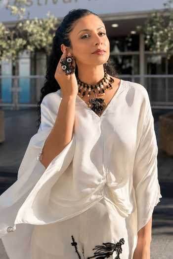 Shop_Dilnaz_Ivory Satin V-neck Draped Kaftan 