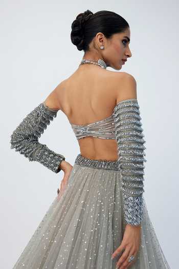 Shop_Vvani by vani vats_Silver Georgette, Net Sequins, Crystals, Cut Work Embellished Lehenga Set _at_Aza_Fashions