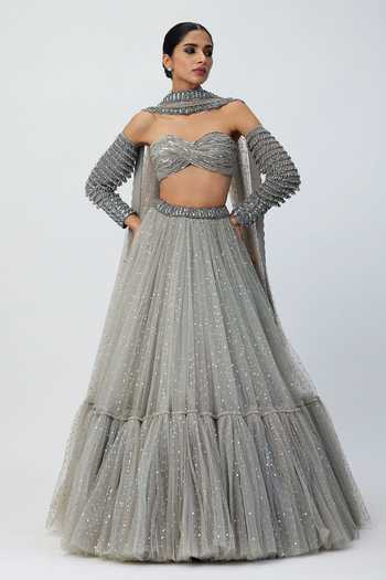 Buy_Vvani by vani vats_Silver Georgette, Net Sequins, Crystals, Cut Work Embellished Lehenga Set 