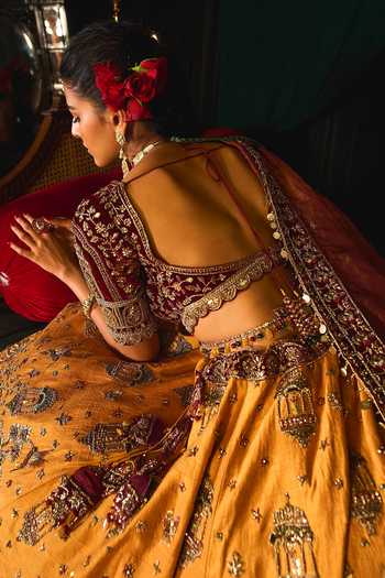 Shop_Roqa_Yellow Velvet, Tissue, Silk Nafidah Zardozi Embroidered Bridal Lehenga Set _at_Aza_Fashions