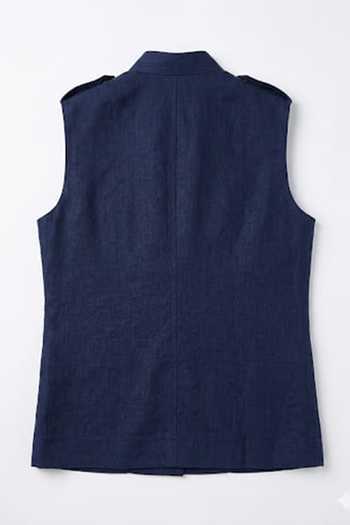 House Of Three_Blue Linen Navy Utility Waistcoat _Online_at_Aza_Fashions
