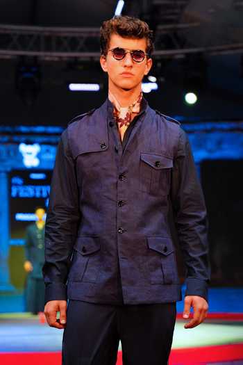 Buy_House Of Three_Blue Linen Navy Utility Waistcoat 