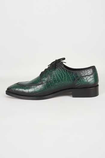 Buy_Salil Bhatia_Green Embossed Leather Derby Shoes _Online_at_Aza_Fashions
