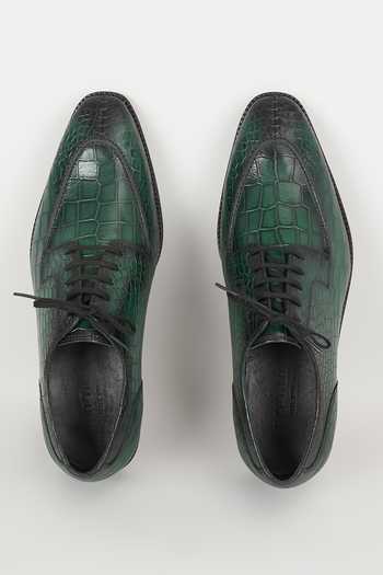 Shop_Salil Bhatia_Green Embossed Leather Derby Shoes _at_Aza_Fashions