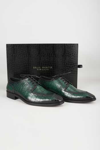 Shop_Salil Bhatia_Green Embossed Leather Derby Shoes _Online_at_Aza_Fashions
