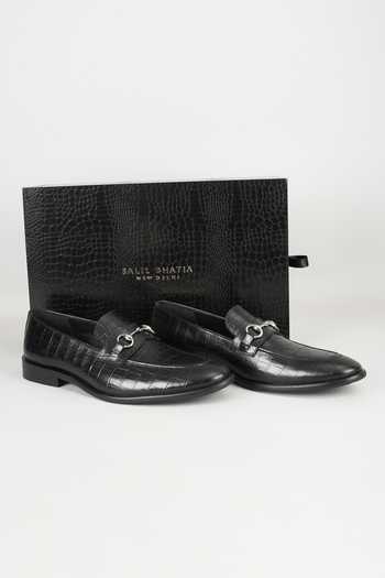 Buy_Salil Bhatia_Black Embossed Leather Embellished Loafers _Online_at_Aza_Fashions