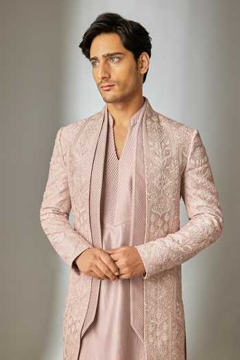 Salil Bhatia_Pink Silk, Chanderi Sequin Embellished Jacket And Kurta Set _Online_at_Aza_Fashions