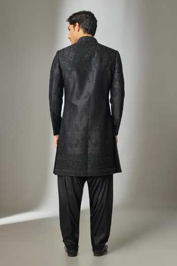 Shop_Salil Bhatia_Black Silk Raw Hand Embroidered Sherwani Set _at_Aza_Fashions