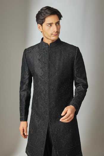 Salil Bhatia_Black Silk Raw Hand Embroidered Sherwani Set _Online_at_Aza_Fashions