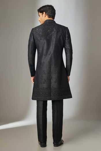Shop_Salil Bhatia_Black Silk Raw Hand Embroidered Sherwani Set _at_Aza_Fashions