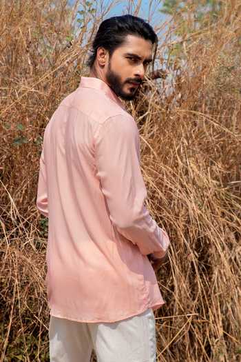 Shop_Runit Gupta_Pink Tencel Beads Kiwi Embroidered Shirt _at_Aza_Fashions